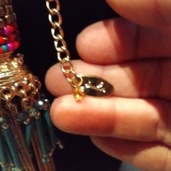 JULES Multicolored seed beads teal pink purple gold tassel Dangle 30" necklace - Picture 4 of 8